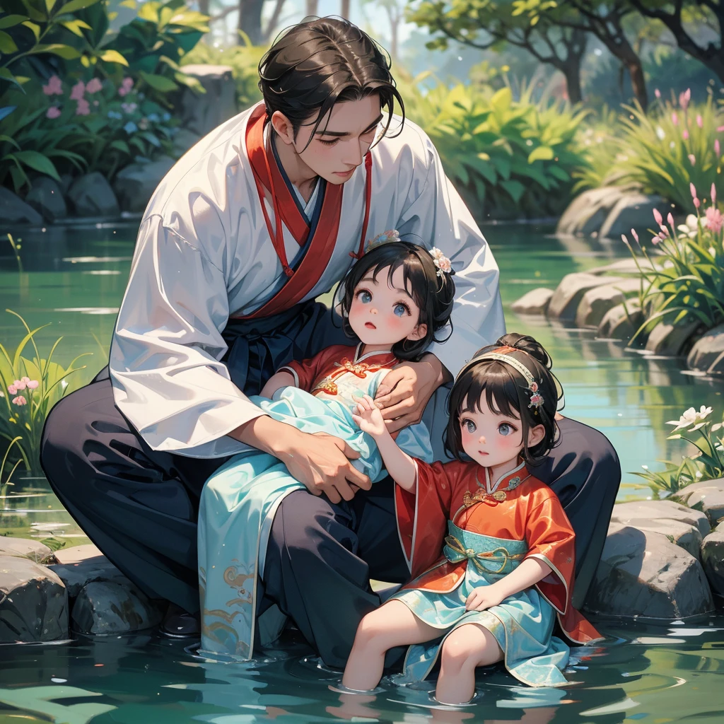 A one-year-old baby boy in an ancient Chinese baby costume with his beautiful mother, dressed in an white ancient Chinese costume, playing with each other, with his handsome father standing next to his mother, close up.
Sitting fishing next to a green stream, a blue river full of fish. flowing slowly