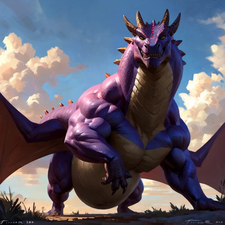 Detailed painting, by Taran Fiddler, closeup, outlook view, wide angle, dragoness, full body, feral, dainty, friendly, colorful, rounded snout, wings, pregnant-like belly, round belly, dominant belly, huge belly, bloated belly, big muscles, wide body, thick body muscles, powerfull muscles, beefy muscles, thick neck, beefy neck, tall, voracious, glutonous, enormous, giant, gigantic, colosssal size, gargantuan, kaiju, powerfull look, badass look, looking at viewer