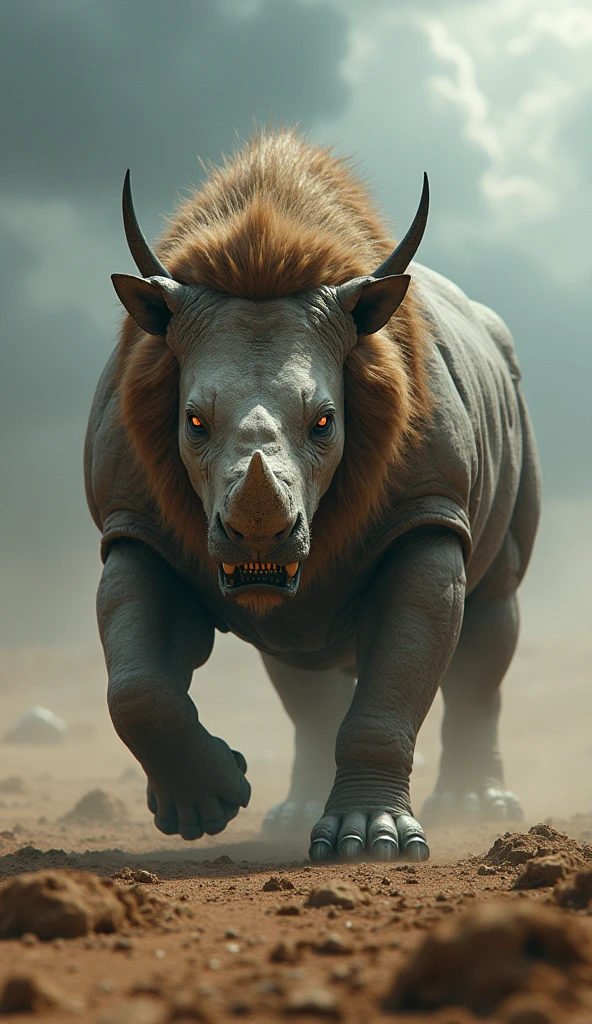 Angry lion+  rhino hybrid angry futuristic in abonded land dust thunder around 