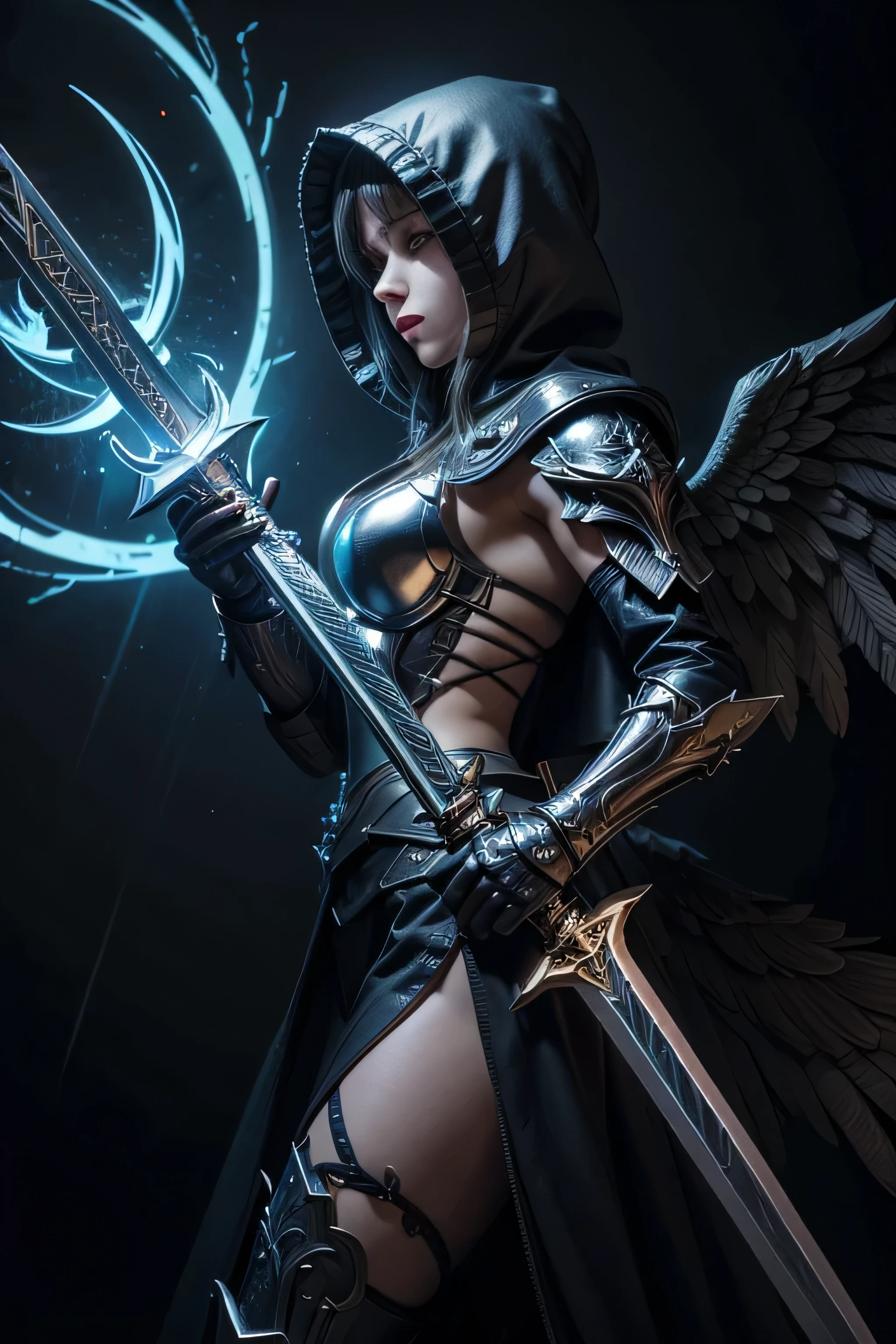 A detailed armored angel, holding a long sword at the center, with large folded wings in front, arcane glow in the background, hooded angel, tattoo, vector art