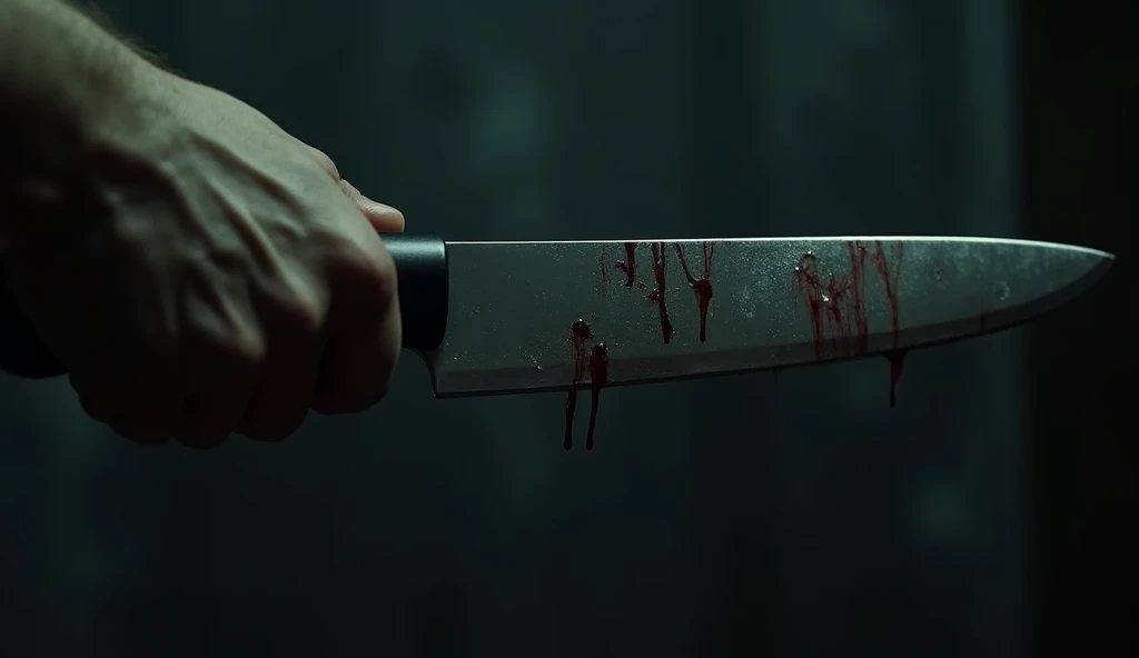 Realistic, cinematic, very dark background, extreme A close-up photo depicting a hand gripping a large bloody kitchen knife. The hand is positioned with a firm grip on the knife handle, emphasizing tension. The knife is sharp, with a gleaming blade reflecting the dark surroundings. The background is predominantly dark, with subtle gradients that enhance the focus on the hand and knife. The overall atmosphere is ominous, suggesting a sense of danger or impending action. The photo uses a minimalist color palette, with muted tones for the hand and knife, contrasting sharply with the dark background.