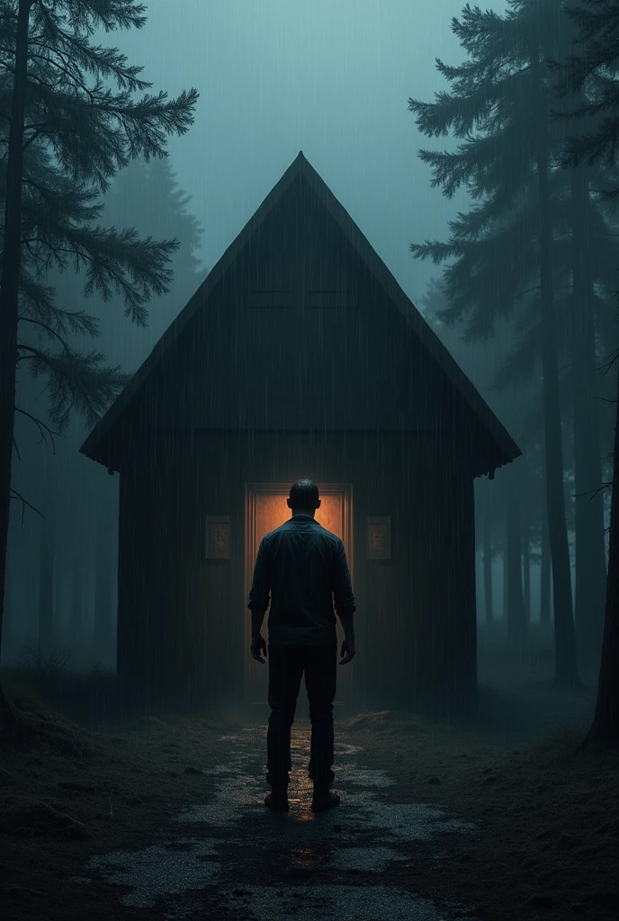 A scene depicting a man standing directly in front of a cabin door in a dark, ominous forest. The man is drenched, as if caught in a heavy rain, and is facing the door, waiting for it to open, because the door closed. The weather is drizzly, obscuring the man's face, adding to the eerie atmosphere. The surrounding environment is pitch dark and menacing, with the cabin isolated in the middle of the forest. The entire scene is shrouded in a chilling, gloomy ambiance, as if something terrifying is about to happen, Realistic.