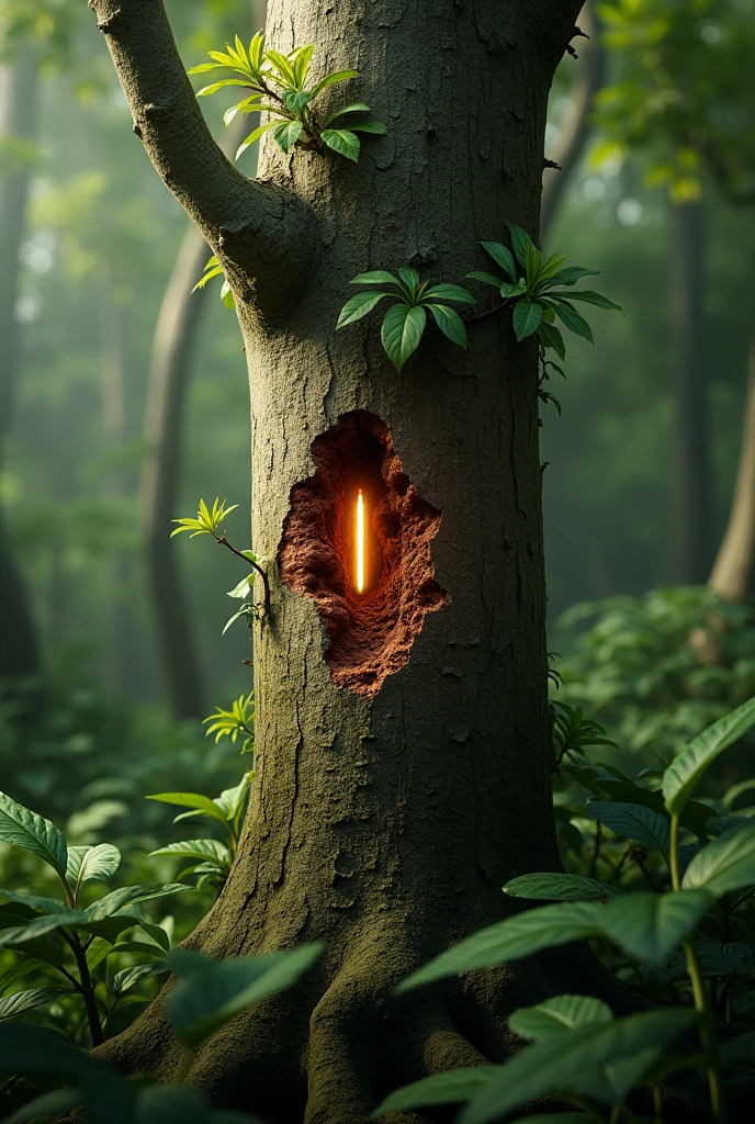A forest. Focusing to a bullet penetrated to a rubber tree near the tapping band