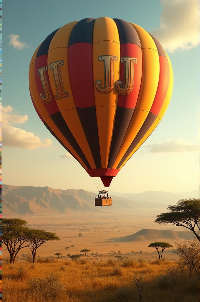 Edit letters JJ on the side of a hot air balloon that is on the air in the savannah 