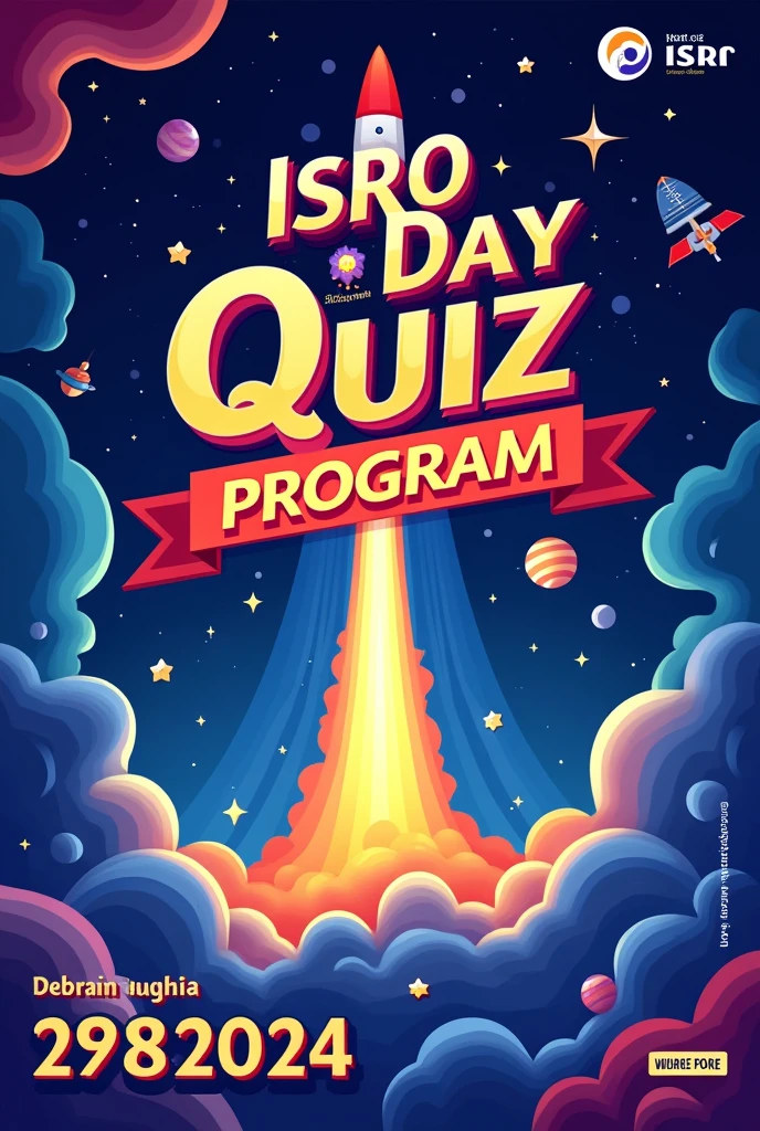 /imagine Create a vibrant and eye-catching poster for the ISRO Day Quiz Program on August 29, 2024. The poster should have a space-themed design, incorporating elements like rockets, satellites, and stars, symbolizing ISRO's achievements. The text should be bold and dynamic, with the headline reading 'ISRO Day Quiz Program' in large, striking fonts. Include the date '29/8/2024' prominently and mention the location as 'Near Ground Floor.' Use a color scheme that blends deep blues, purples, and bright accents like orange and yellow to create a sense of excitement and energy."