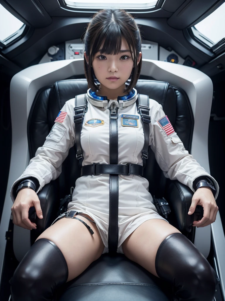 masterpiece, Highest quality, Very detailed, Japanese Android girl, Beautiful Japanese Women, Plump,Control panel,Android,cyborg,Blunt bangs,sitting in the cockpit of a spaceship,astronaut,He is attached to the back of a chair by a leather harness.,Both hands are strapped to the chair arms with leather straps,Both feet are strapped to the legs of a chair with leather straps,