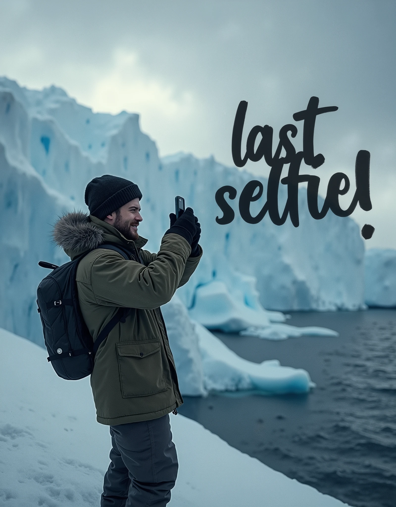 ((Last selfie. A dramatic scene captures a lone explorer at the edge of a massive, crumbling glacier, taking a selfie as the entire ice shelf begins to collapse into the icy ocean below. The explorer, dressed in weathered cold-weather gear, smiles nervously into the camera, while behind them, enormous chunks of ice break off and crash into the water, sending towering waves and sprays of frosty mist into the air. The sky above is dark and stormy, with swirling clouds hinting at the oncoming blizzard. The entire scene is a mix of awe-inspiring beauty and impending doom, as the explorer stands at the brink of disaster, focused on documenting the perilous moment. Oopps.)).

(Suspended in the air between scene and the viewer, a translucent, almost ghostly black message reads exactly: "Last selfie!". The text appears as if it's floating, blurred at the edges, with the letters formed from a faint mist or dark black smoke that lingers in the space. The smoky words are readable, though not overly bright, hovering just in front of his gaze, creating a surreal yet powerful effect. Text exactly says: "Last selfie!". Text says: "Last selfie!". semi-transparent text that reads 'Last selfie!' in a dramatic, bold font. The text almost acts as a title, floating in the air, partially obscuring the scene but enhancing the overall tension and urgency of the moment.)