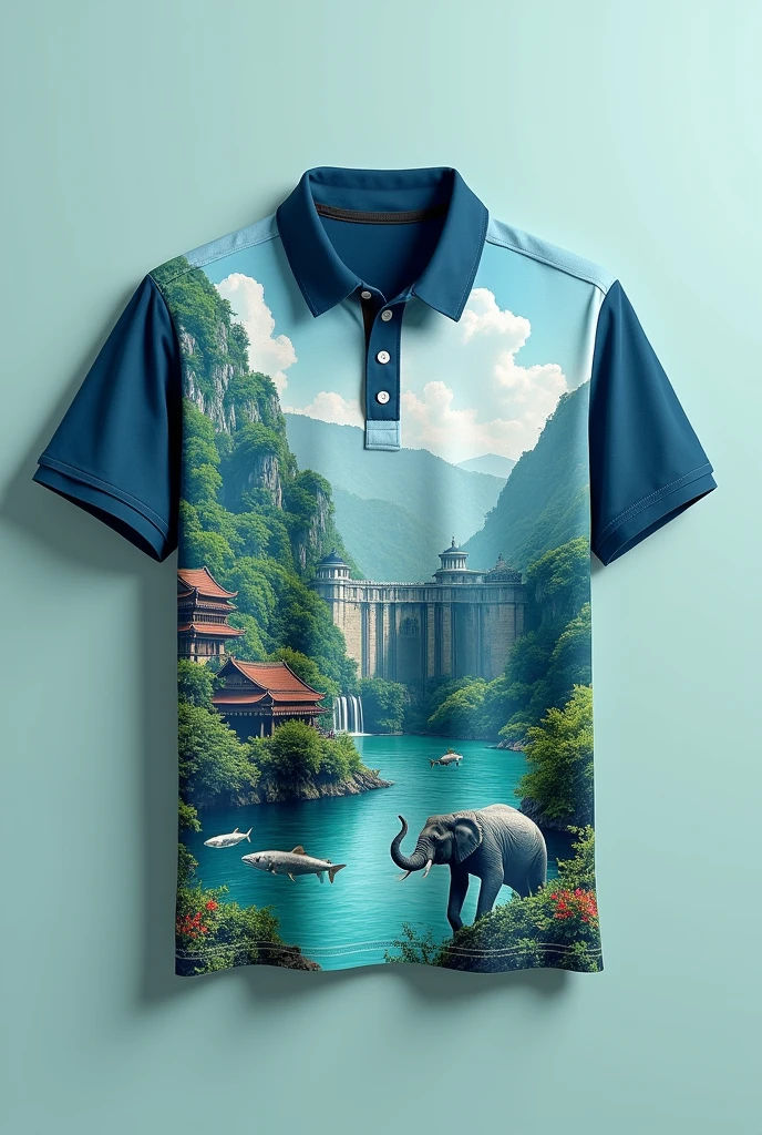 Design a blue-green polo shirt. In the picture there are tourist attractions: the dam, the three-headed elephant, the tourism gateway of the western region. The slogan is: Beautiful forest, clear water, big fish, kind-hearted people.