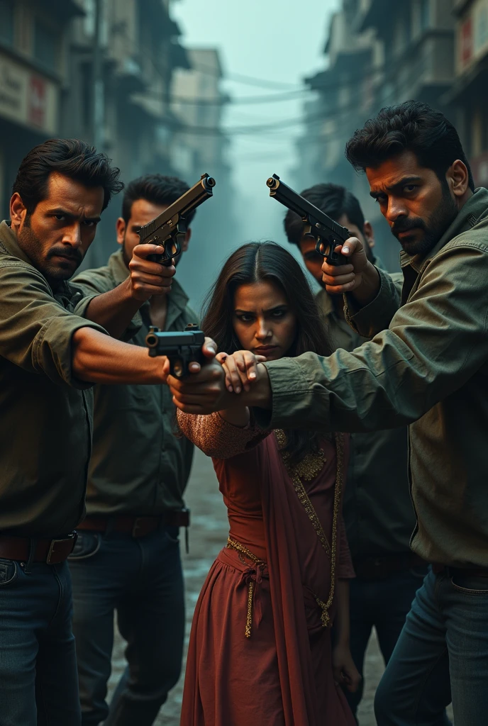 Four indian gangsters having pistld each in hand  ane one of them has grabbed a girl's hand which is 2 and trying to seperate the hand on indian empty street