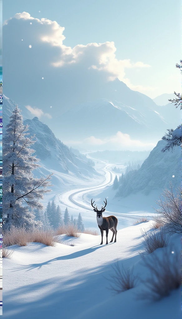 snow landscape，Back shadow，The scene is，solo，deer standing, look around, Go into the distance，Heavy snowfall，Roads to distant places，Trees wither in winter，blanketed in a mantle of snow，Winter tones，somber mood，The vista is a mountain，（Snowflakes drift in the endless sky），8k wallpaper，cinema4d，Cinematic lighting effects，light and shadow effect，Tyndall，rendering by octane，White balance，Unreal 5，Extremely detailed picture，light particules，depth of fields，tmasterpiece，realisticlying