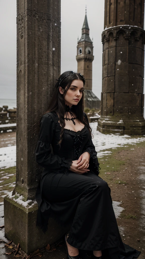 Gothic Victorian Woman, resting on a vine, on the shore of an ancient tower, the night while the snow falls