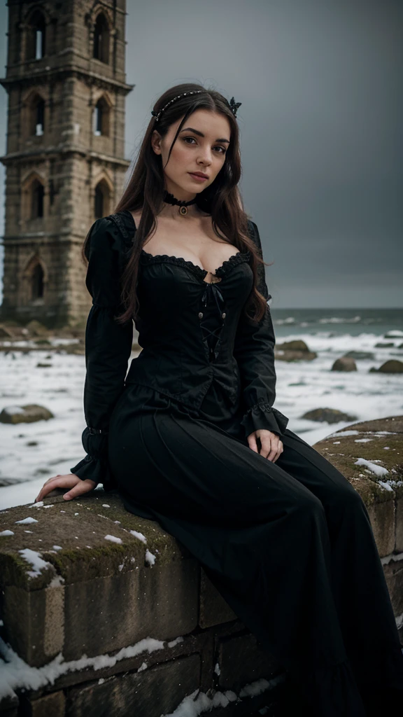 Gothic Victorian Woman, resting on a vine, on the shore of an ancient tower, the night while the snow falls