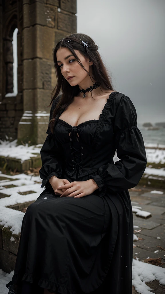 Gothic Victorian Woman, resting on a vine, on the shore of an ancient tower, the night while the snow falls