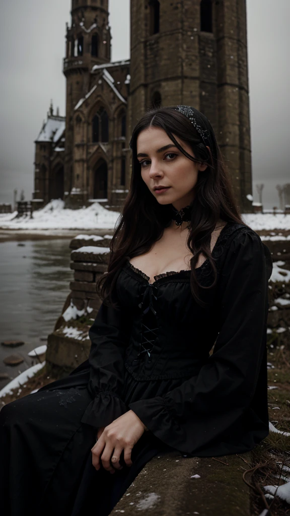 Gothic Victorian Woman, resting on a vine, on the shore of an ancient tower, the night while the snow falls 
