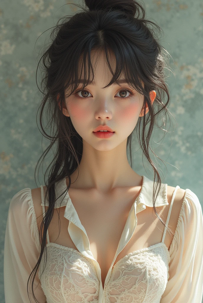 Girls VN03, Shot with Nikon Z7 II mirrorless camera,120mm F/4. Wide-angle best image quality, masterpiece, Super detailed, Cowboy Shot, Flowing, 3DMM, Ink Sketch, Color ink, Ink Rendering, Octane Rendering, pastel, Rice Paper, One girl, Beautiful attention to detail, (Alternative hairstyle), Super detailed hair, elegant, (Charm), (delicate), cute, cute, Lace dress, Text in the center of the frame, rhythm, Fantasy, View your viewers, xxmix girl,sexy, Fascinating , Messy Hair, Unbuttoned shirt, chest