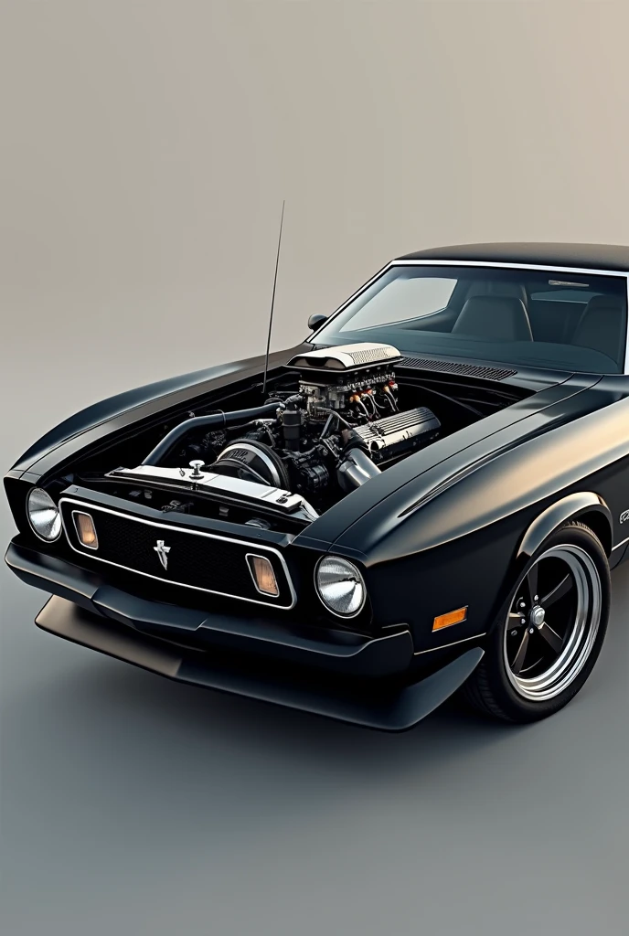 Mustang gt 1977 black on hood open engine 
