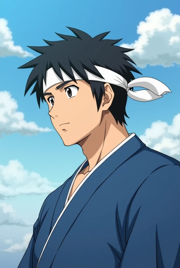 anime、From afar、Looking left、male、Around 40 years old、Muscular build、Square face、Round Nose、short hair、No bangs、Black Hair、Blue Jinbei、White headband、Journey
