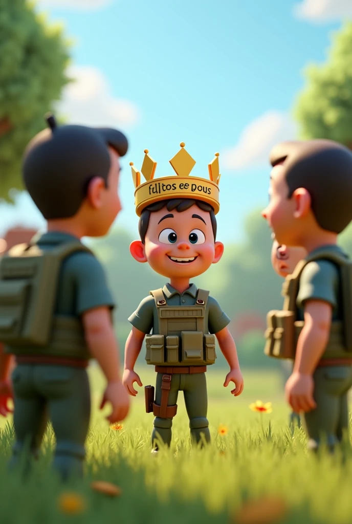 A 3D rendering of a group of soldiers with emoticons. They are wearing bulletproof vests and have a friendly, smiling conversation. A soldier is wearing a crown with the phrase "Filhos de Deus" written on it, the phrase is very apparent without any writing defect. The background is a sunny landscape of grass, trees and a clear sky. The image has a realistic design with light and shadow effects.