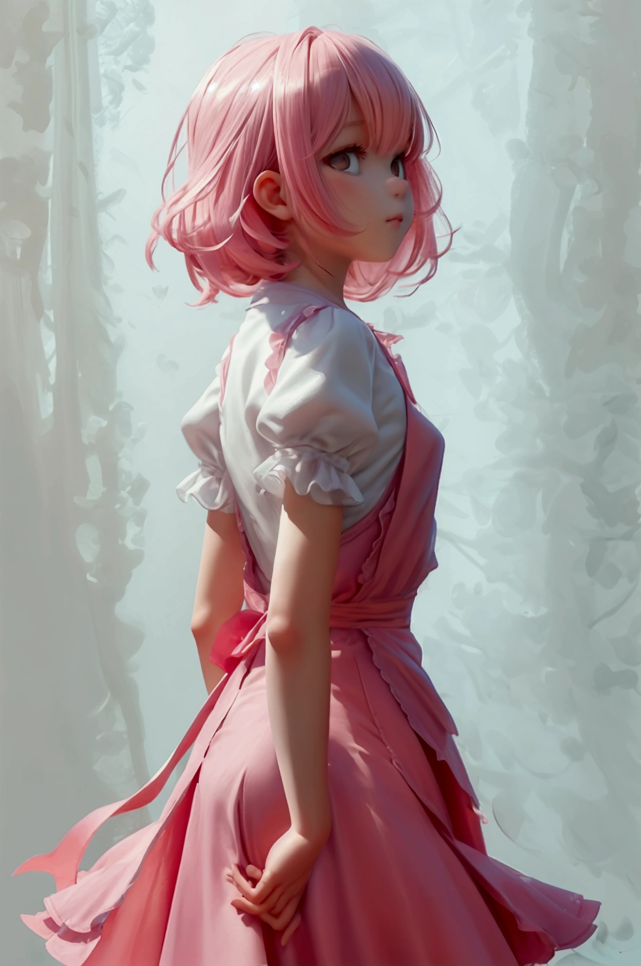 pink dress gil student, +3 View prompt standing, 3 View Drawings, side and Front and back, Character Sheet, Full body, Simple white background, character reference sheet, Concept art, design sheet, Character Design, full body adoptable horizontal clear charcter style sheet , front pose
