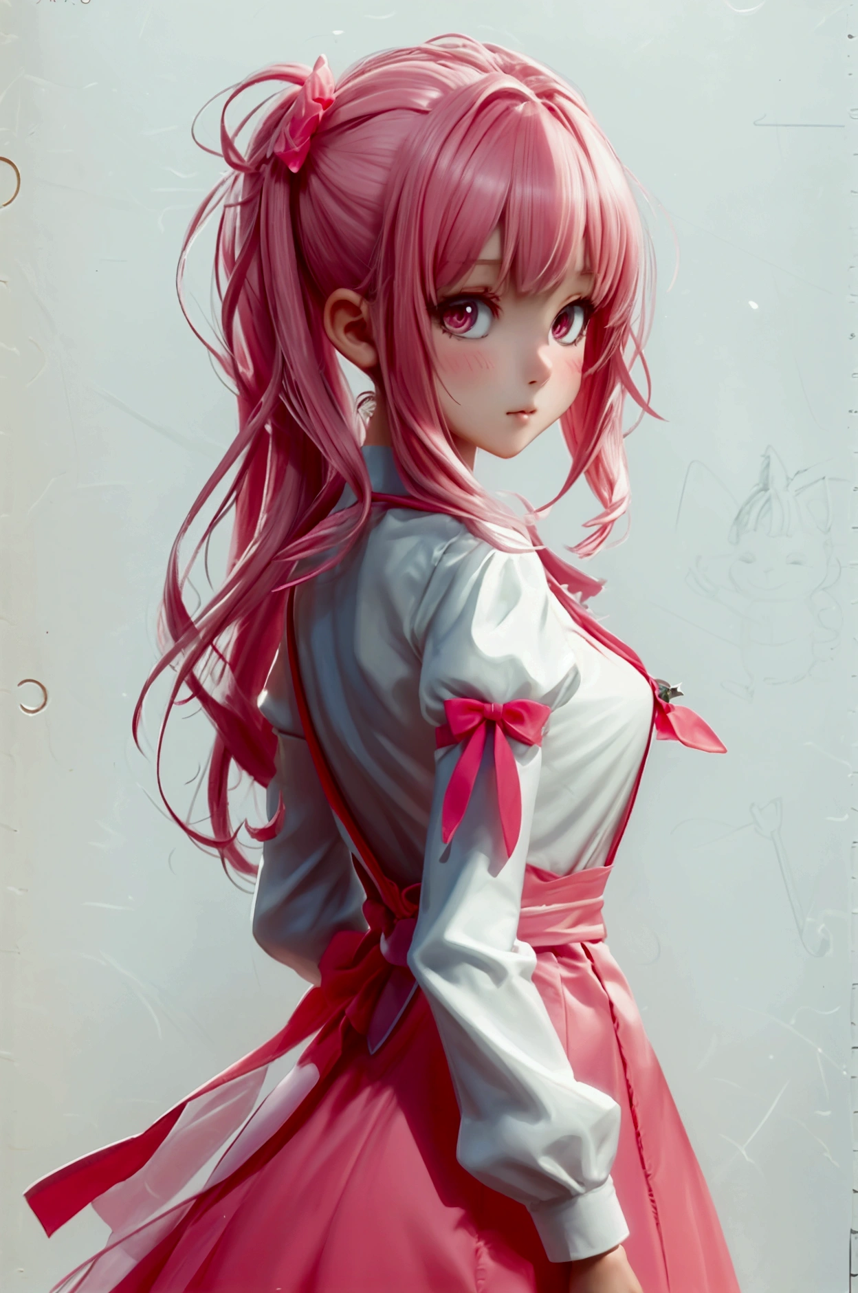 pink dress gil student, +3 View prompt standing, 3 View Drawings, side and Front and back, Character Sheet, Full body, Simple white background, character reference sheet, Concept art, design sheet, Character Design, full body adoptable horizontal clear charcter style sheet , front pose