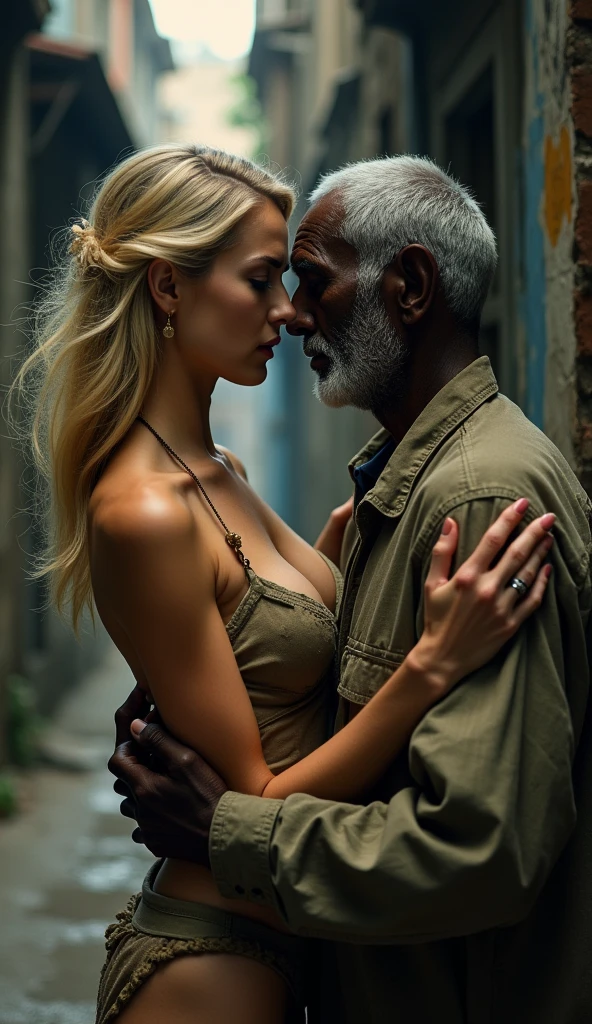 artistic portrait of a thin woman , breasts small, hair blonde, her arm behind his back, Waist slender, standing, Serious countenance, gorgeous attractive face, Hugging an very old black man while he caresses her breasts, Old black man in beggar's clothes, old black man beggar, canon 50 mm, analog style. Cleavage. Xposed breasts, in a dirty alley