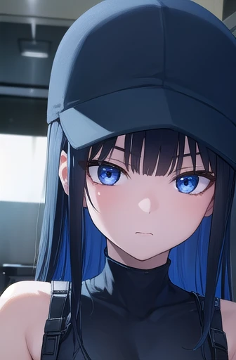 Saorijoumae, Saori Joumae, blue eyes, Blue Hair, Hello, Long Hair, mask, mouth mask,
break bare arms, Exposing shoulders, belt, Black Hat, black pants, black shirt, blue gloves, Crop top, gloves, leggings, abdomen, belly button, pants, shirt, No sleeve, No sleeve shirt,
break looking at viewer,
break indoors,
break (masterpiece:1.2), Highest quality, High resolution, unity 8k wallpaper, (figure:0.8), (Beautiful attention to detail:1.6), Highly detailed face, Perfect lighting, Highly detailed CG, (Perfect hands, Perfect Anatomy),