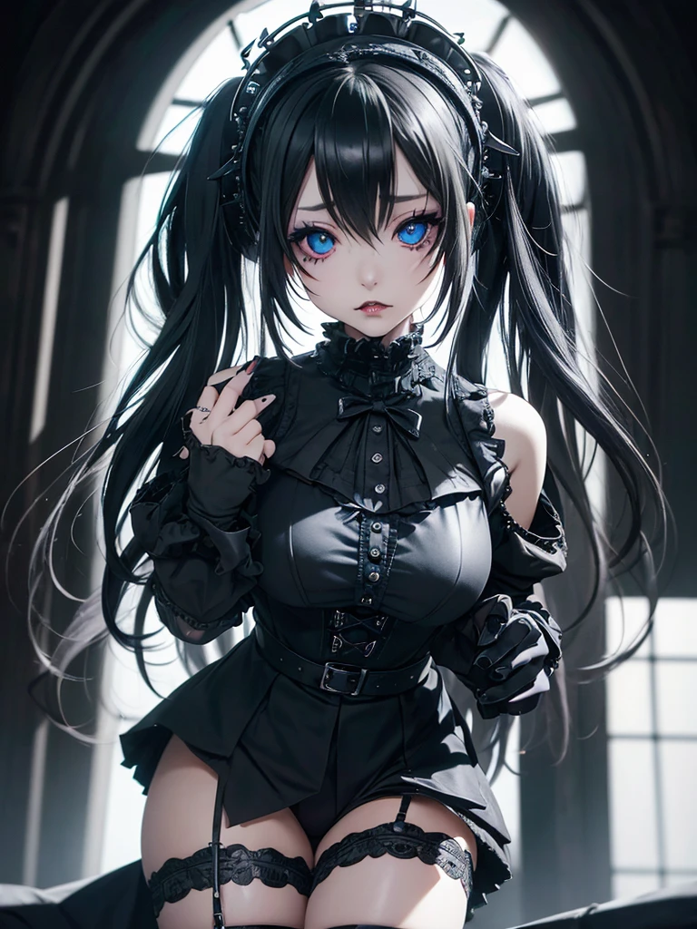  A gothic punk goth girl, perfect face, beautiful Asian woman with long White hair in White curls and coils, very cute and           beautiful girl, (highly detailed beautiful face), high detailed fingers, (wearing panties, topless), detailed face,
]cowboy shot, looking at viewer, Standing, white panties. intricate details, cinematic scene, detailed background, solo, dynamic angle,  ((beautiful big blue eyes looking down at the viewer, black shiny lipstick, perfect Asian goth cyber makeup)) double d breast, detailed cute face, white hair, gothic punk fashion, highly detailed gothic fashion, short skirt, heavy make up,),(dark black lipstick), size, Backlight effect, lens flare, depth of fields, blurry background, Detailedface,1 girl, Detailed eyes, ,(thigh up shot image :1.5), Black gloves. Walking in the rain. Moonlight shines on her face. Sombre setting 