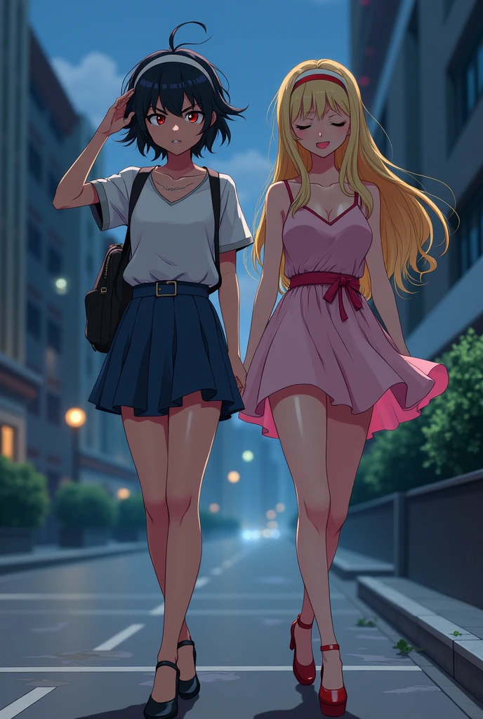 Anime girl with short black hair at the age of 18 wearing boy-like clothes stopped. On the sidewalk in the evening, she was raising her bangs with a headband angrily and seriously, and her friend was walking beside her. She had blond hair, put on lipstick, wore a beautiful short dress, and had high-heeled shoes. She was happy.