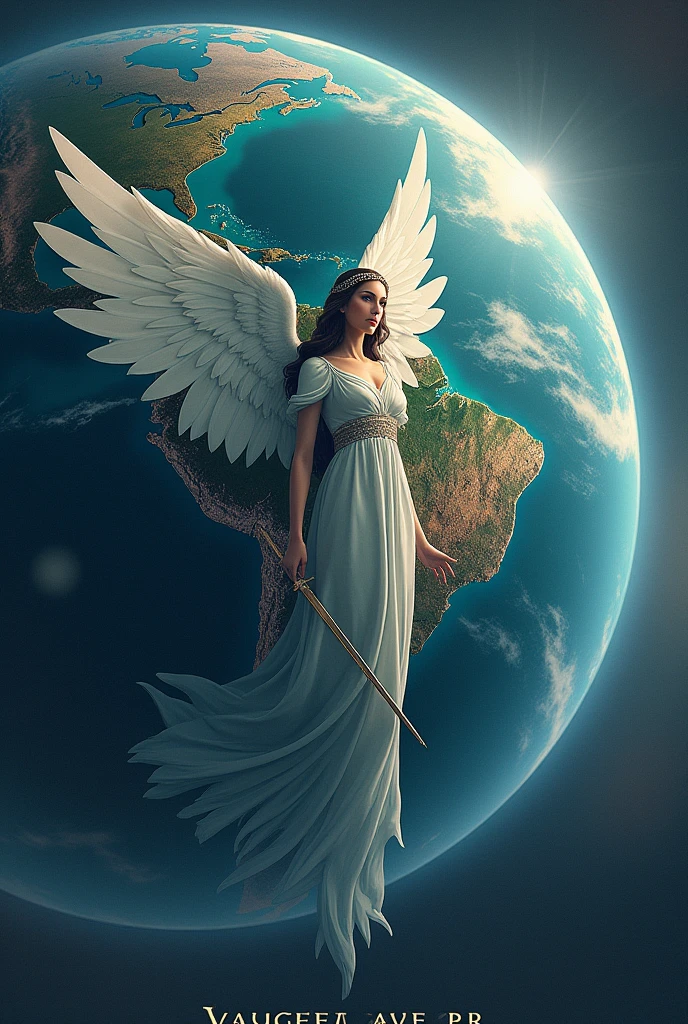 Design a planet Earth, highlighting a map of the country Venezuela and on this country place the figure of an Angel with a sword in his right hand.
