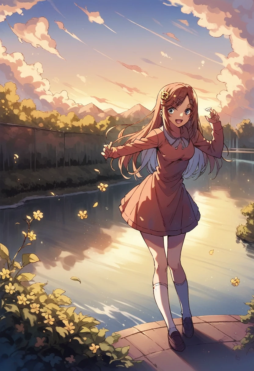 score_9, score_8_up, score_7_up, score_6_up, classroom, 1girl, asahina nazuna, long hair, brown hair, hair ornament, hairclip, DRESS, BOUFFONT DRESS, TRANSPARENT LONG SLEEVES, DAISIES, CHERRY,, smile, open mouth, happy,dynamic pose, outdoors, waterfall, lake, standing in lake, morning sun,cloudy, dark sky