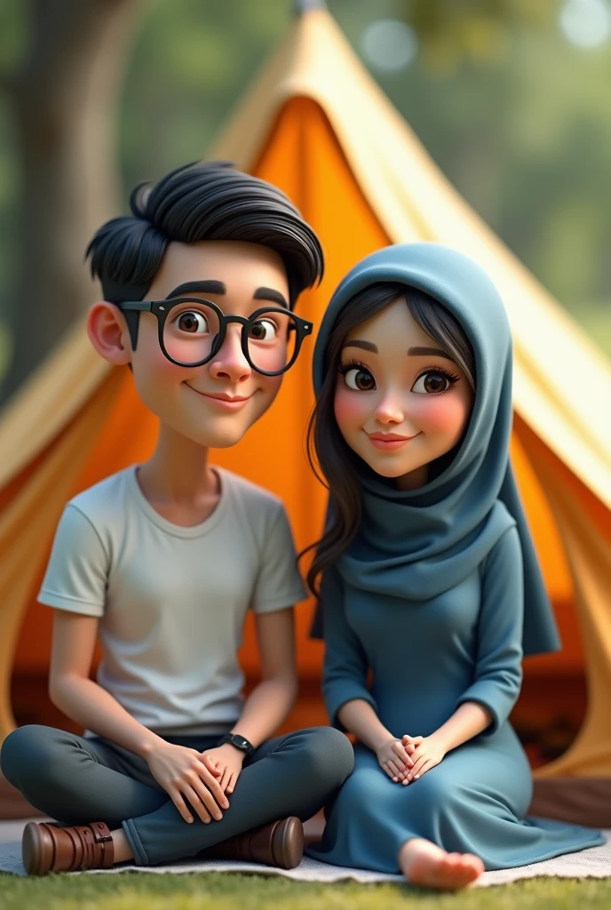 realistic 3d caricature. big head. a handsome man wearing glasses and a beautiful woman wearing a veil. 2. tall, slightly thin body, oval face shape. chin slightly oval. slightly round eyes, white skin, faint smile. stylish man with neat black hair, wearing a white t-shirt, black watch. veiled woman, wearing blue clothes. sitting in front of a camping tent. natural background. Soft photography with sufficient lighting. Photos with very high detail