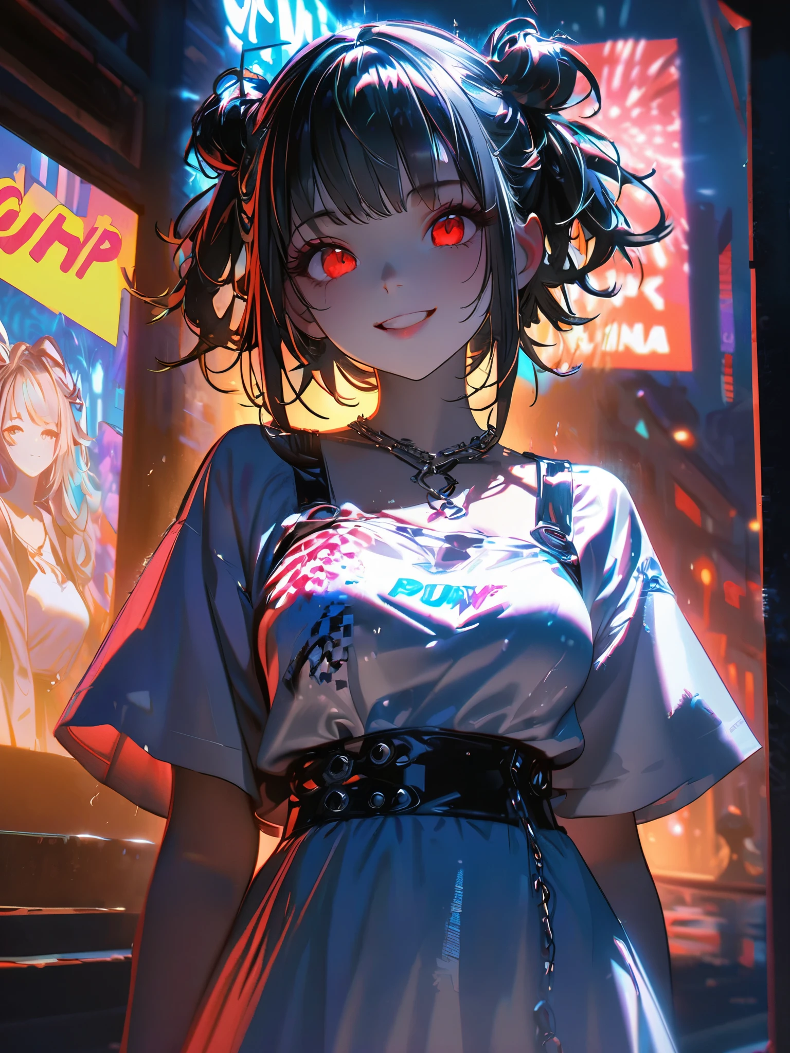 1 person, chromatic aberration, Written boundary depth, Soft Light, masterpiece, Highest quality, complicated, Tone Mapping, A place where fireworks are set off at festivals. Concept Art, Smooth, Clear focus, Dramatic lighting, Very cinematic, super practical painting, アートステーション's trending, 8k, Incredible Shadows, practical, whole body, View, Viewers, Portrait of a Girl 1, standing on street corner, Heavy rain and lightning、Dark Sky, neon and cyber punk background, she is dressed in punk clothing with silver chains and silver spikes, Her hair was dyed a bright black color..........Ominous aura of light, smile, punk, ciber punk, Backlight.Fashionable clothes、Friendly dress code:wearing cute white dress.My breasts are a little big.Beautiful red eyes