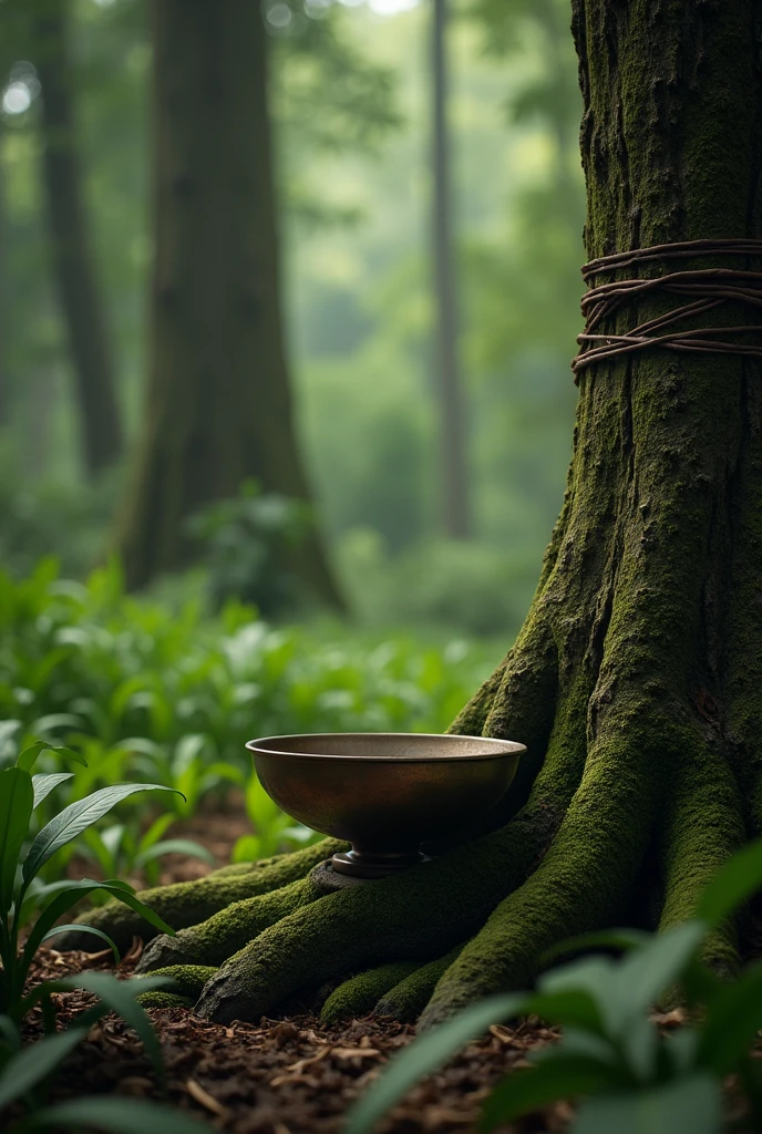A forest. Focusing to a metal in round shape  ton a rubber tree near the tapping band