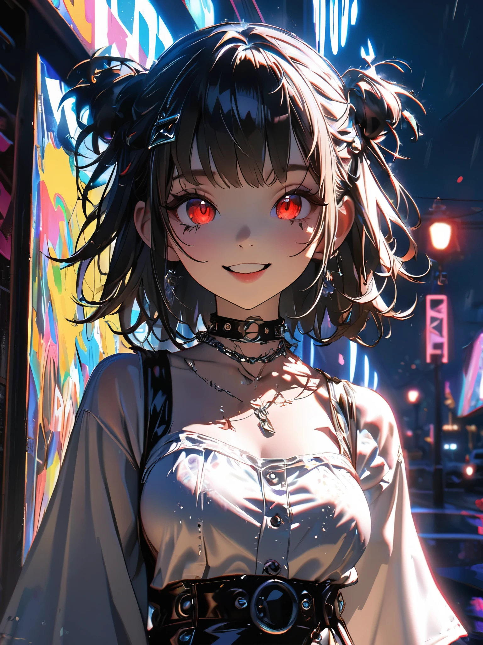 1 person, chromatic aberration, Written boundary depth, Soft Light, masterpiece, Highest quality, complicated, Tone Mapping, A place where fireworks are set off at festivals. Concept Art, Smooth, Clear focus, Dramatic lighting, Very cinematic, super practical painting, アートステーション's trending, 8k, Incredible Shadows, practical, whole body, View, Viewers, Portrait of a Girl 1, standing on street corner, Heavy rain and lightning、Dark Sky, neon and cyber punk background, she is dressed in punk clothing with silver chains and silver spikes, Her hair was dyed a bright black color..........Ominous aura of light, smile, punk, ciber punk, Backlight.Fashionable clothes、Friendly dress code:wearing cute white dress.My breasts are a little big.Beautiful red eyes