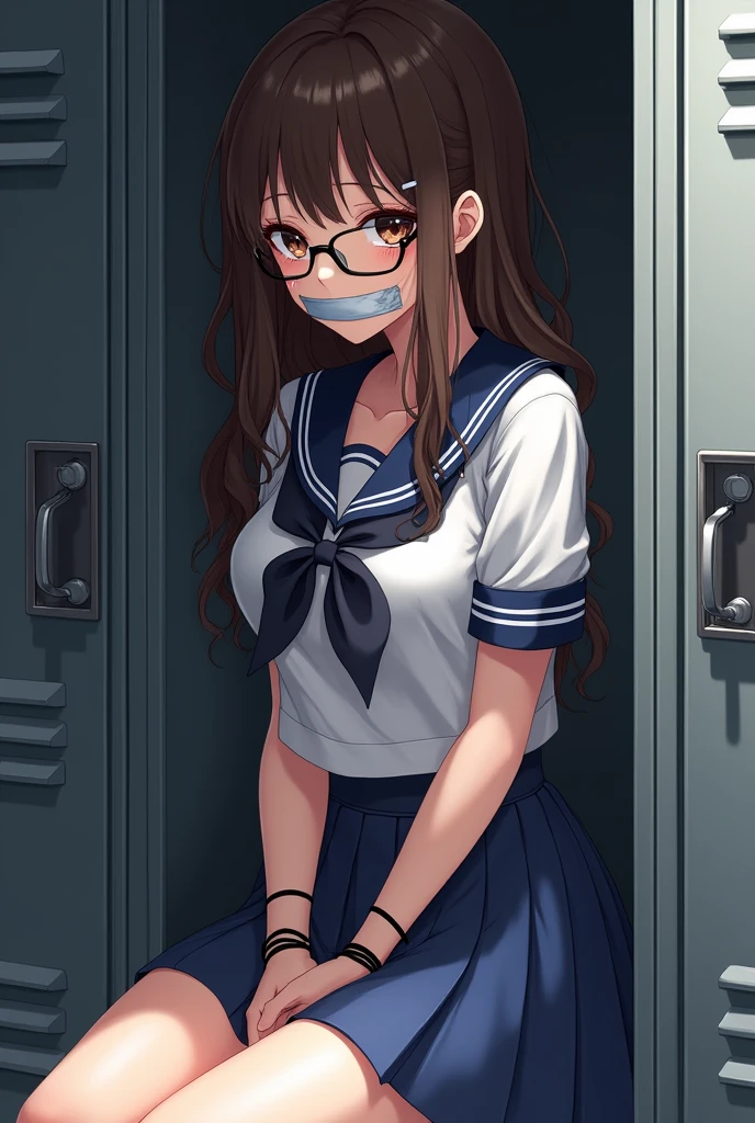 anna yanami, anime picture best quality, ultra-detailed, high resolution, extremely detailed cg, unity 8k wallpaper, masterpiece, perfect skinny body, anime picture, femsub, BDSM, shibari, bound, gag, gagged, tape, tape gag, teary-eyed, tied up wrist together behind her back, arms tied up behind her back, school uniform, storeroom, sitting inside steel locker, Tape Gag, brown hair, brown eyes, long hair, wavy hair, black eye glasses, ahoge, school uniform, white shirt, short sleeves, bow, blue skirt, multiple bows,