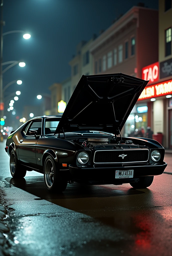 Mustang gt 1977 black on hood open engine at night in town