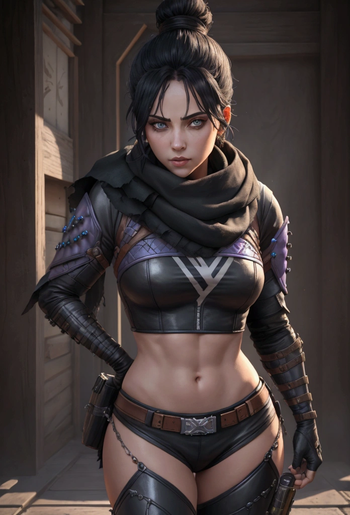 A realistic image wraith apex legends, pretty face focus, Masterpiece artwork, best qualityer, kissshotms, 1 girl, natta, Efeito de Luz, Masterpiece artwork, best qualityer, 1 girl, mature woman, breasts big, 8k, UHF, (abdomen, )muscular woman, Waist slender, detailedeyes, FGO1, 1stClothing, 1 girl, 独奏, hair bun simples, hair bun, scarf, sultry posing, Bblack hair, scarf preto, blue colored eyes, bangss, bangss distribuída, Hair behind the ear, mitts, piercing no nariz, mitts pretas
