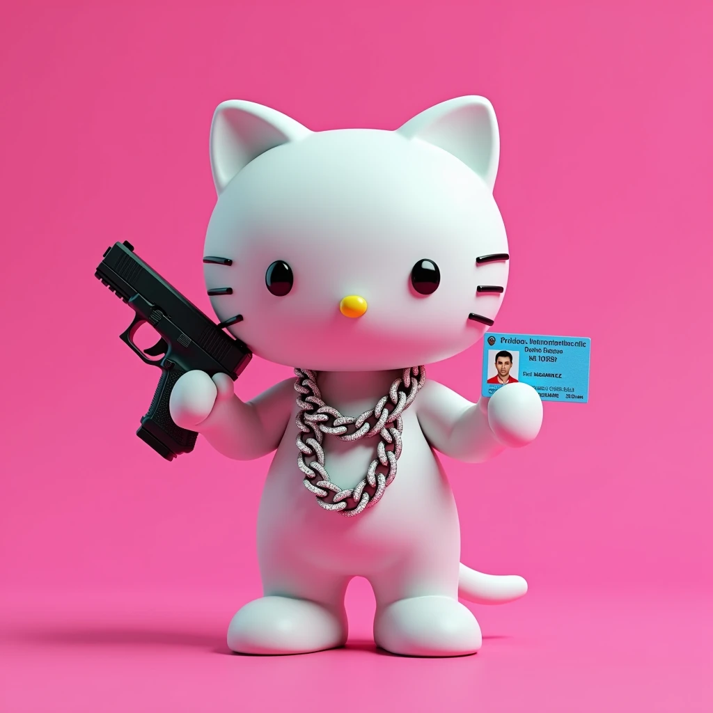 (Hello Kitty white) (3D format), that in one hand he holds a blue Peruvian ID card showing, and in the other hand hold a black Glock raising your arm, that on the neck she has some diamond Cubans. (Pink background)