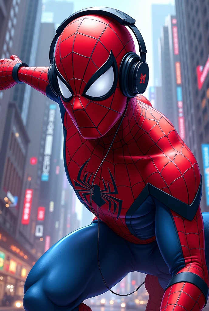 Generate a spider man wearing headphone