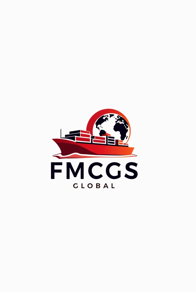 draw me an import export company logo with a container symbol, ship, Earth. Name: FMCGS GLOBAL, Main color: red white, professional creative style