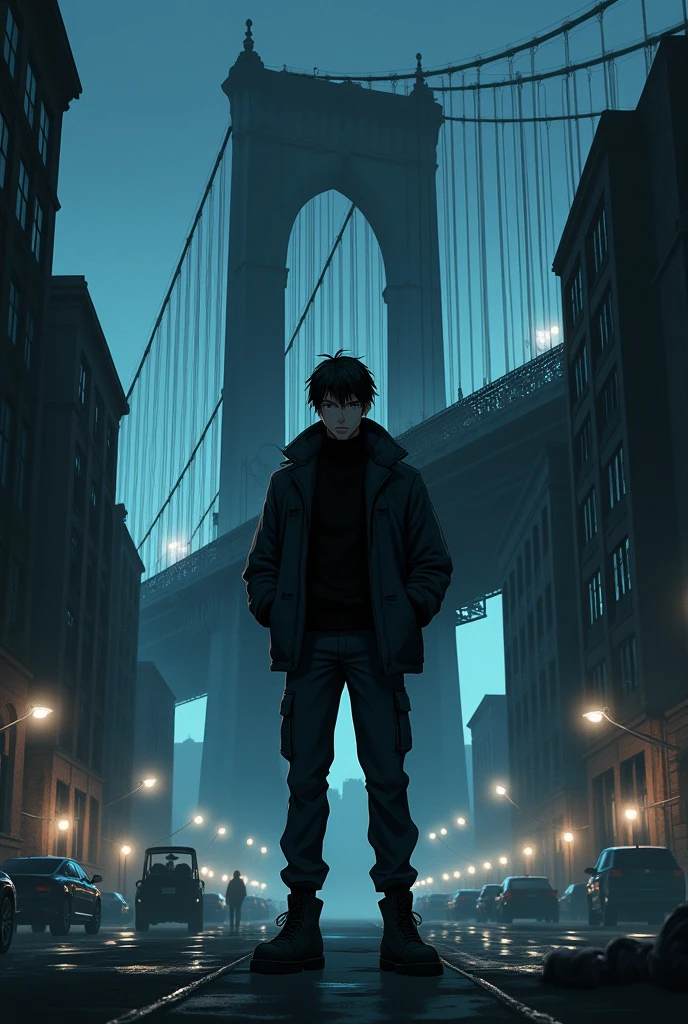 The image is anime style cowboy bebop and Darker than black with shadows and dim lights, anime style although somewhat adult and dark, It shows a man with black eyes, very serious, who wears a thick black sweater and winter pants. He has his hands in the pockets of his jacket.. is stopped, He wears black boots. Behind him, You see a huge city with a huge bridge that goes to the sky.  medium length black hair
