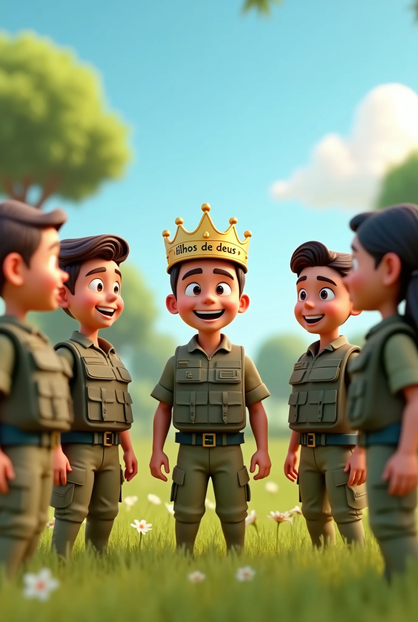 A 3D rendering of a group of soldiers with emoticons. They are wearing bulletproof vests and have a friendly, smiling conversation. A soldier is wearing a crown with the phrase "Filhos de Deus" written on it, the phrase is very apparent without any writing defect. The background is a sunny landscape of grass, trees and a clear sky. The image has a realistic design with light and shadow effects.