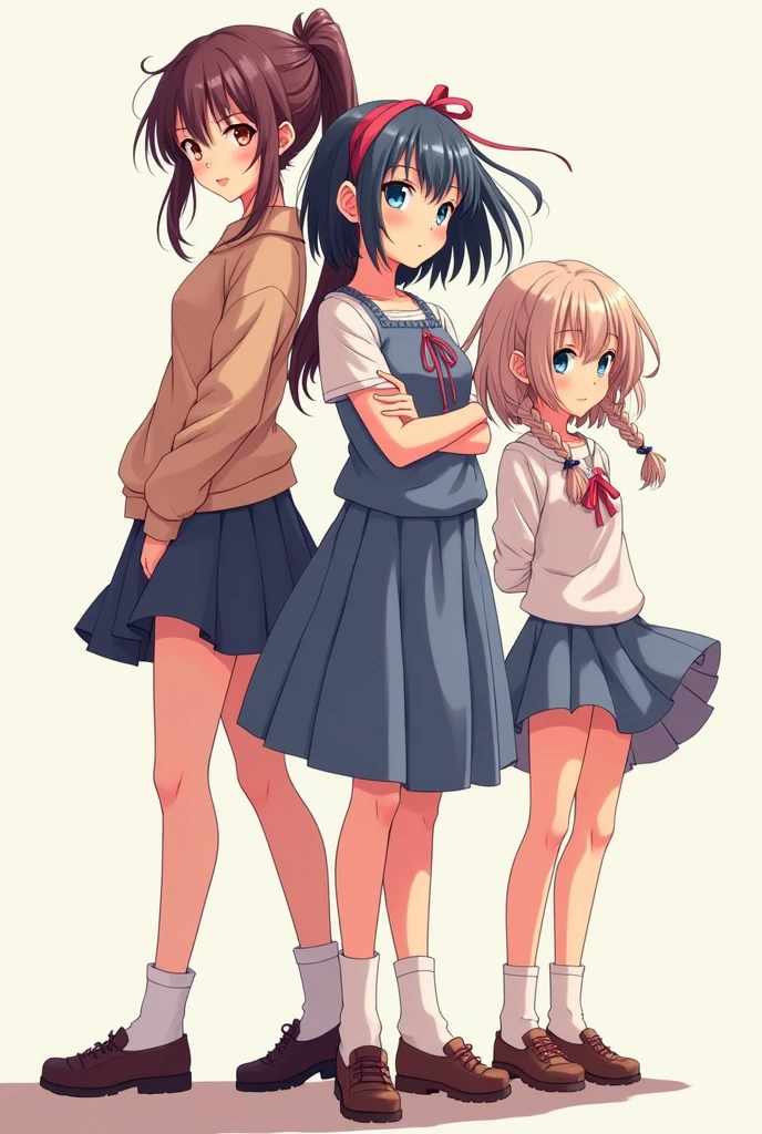 One tall girl with pony tail second girl with medium height and long hair third girl short with breded hair anime girls