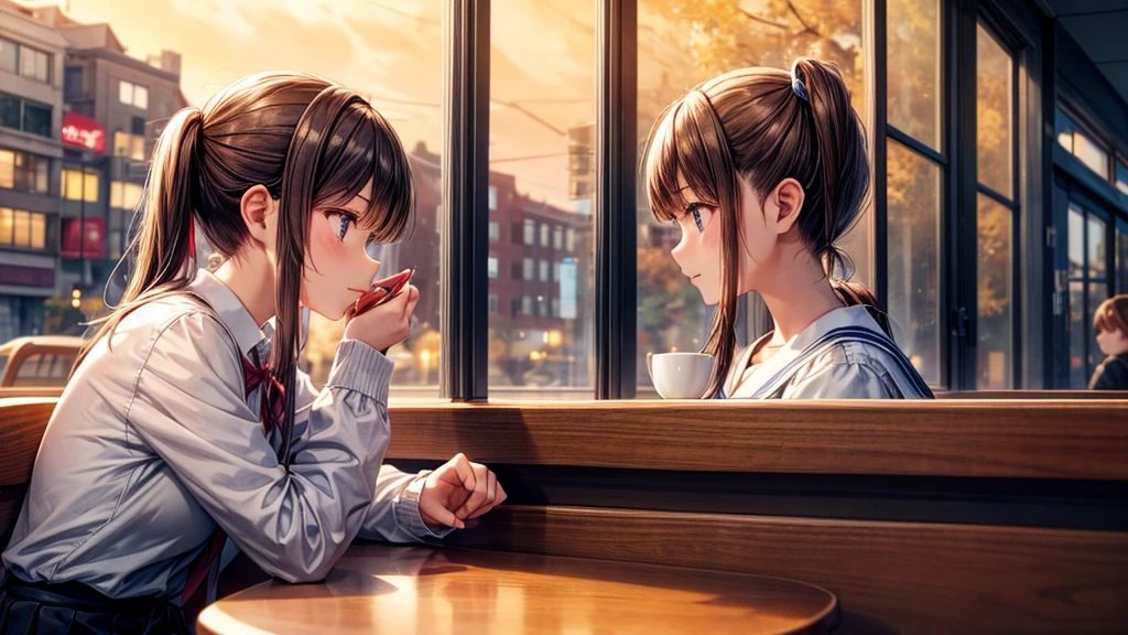A ponytailed student girl is studying by the window in a cafe on an autumn evening