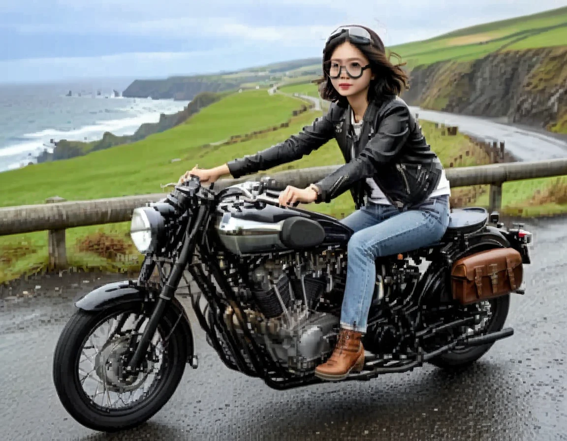 (クラシックRiding on motorcycle )、(Vintage Bikes、Bluff Superior SS100)、(Accurate bike shape)、Photograph the entire bike、(The balance between people and bike size is our number one priority:1.2)、 (Riding on motorcycle:1.2), Beautiful young woman、1、Beautiful Face, Beautiful and delicate eyes, Black Hair, Short Bob Hair, Classic Leather Jacket、With goggles、After the Rain、English countryside、 Coastal road with ocean view、Blur the background、Motion Blur、Photorealistic、Detailed Description、(Highest quality, masterpiece, High resolution)、8k、wallpaper