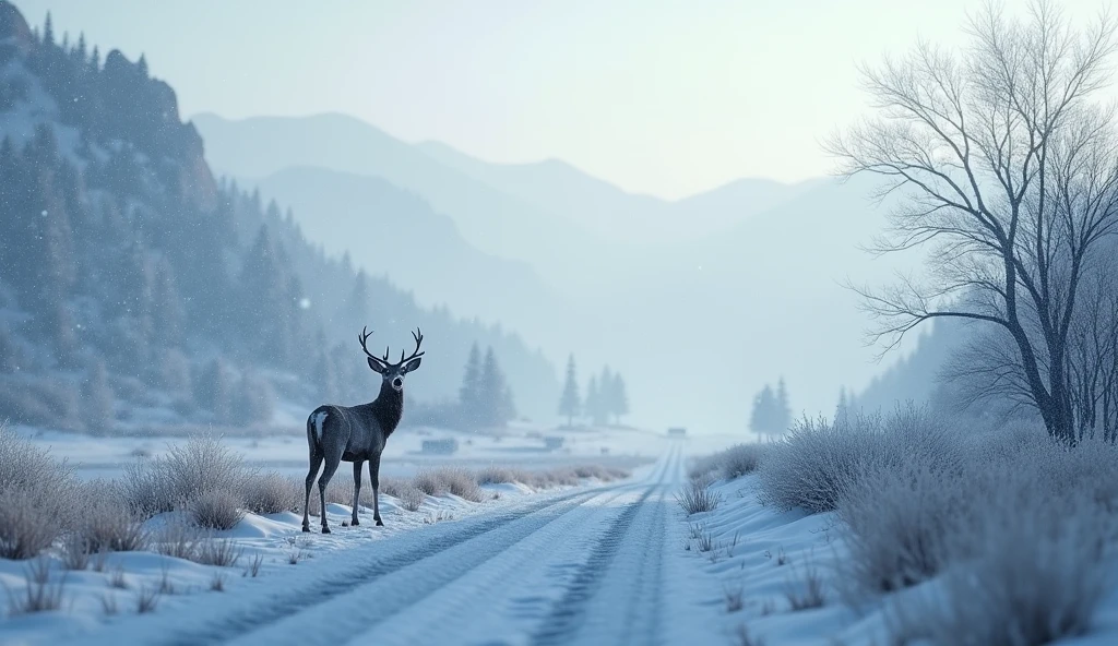 snow landscape，Back shadow，The scene is，solo，deer standing, look around, Go into the distance，Heavy snowfall，Roads to distant places，Trees wither in winter，blanketed in a mantle of snow，Winter tones，somber mood，The vista is a mountain，（Snowflakes drift in the endless sky），8k wallpaper，cinema4d，Cinematic lighting effects，light and shadow effect，Tyndall，rendering by octane，White balance，Unreal 5，Extremely detailed picture，light particules，depth of fields，tmasterpiece，realisticlying