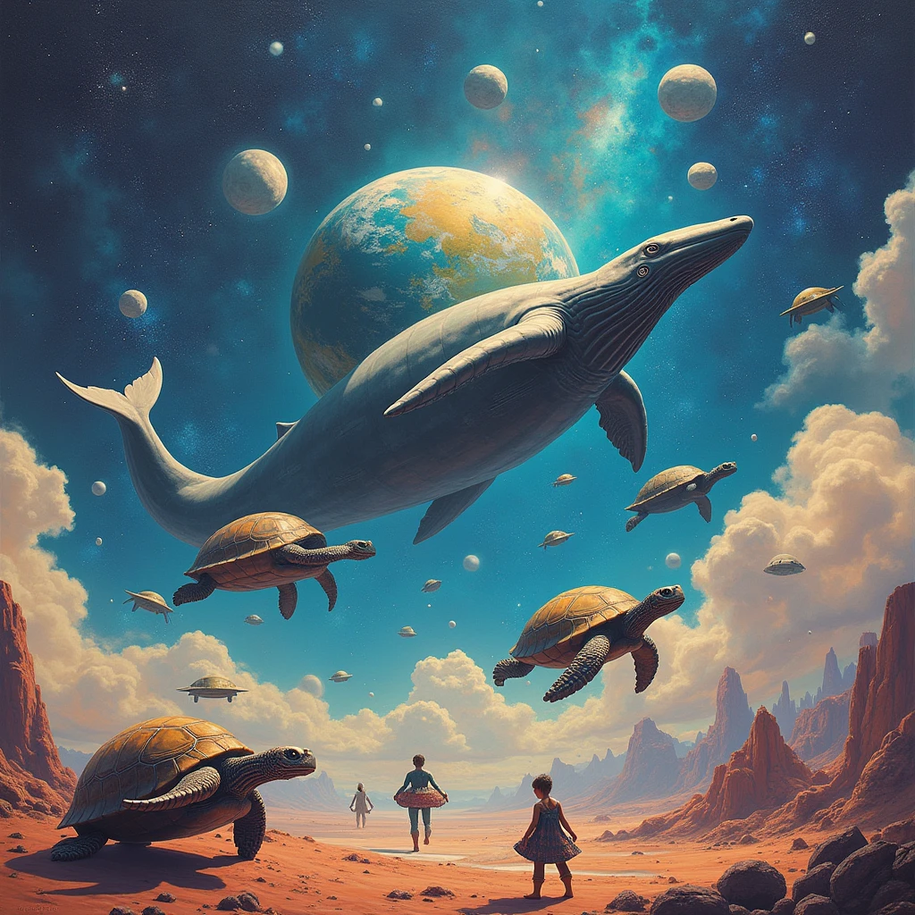 The painting is done in the style of Surrealism, Whales swimming in the sky Very Colorful Sky and color of Whales Unusual, Turtles Carry Earth Instead of Shells, Very Beautiful Colors, full detailed, galaxy, The scale is staggering., The Enormous Scale of What's Happening, masterpiece, 8 K, full detailed, Chaos is happening and asteroids are flying, An unforgettable spectacle Beautiful and Bright Shades, dynamic shadows, Winged People, Alien Life Forms, Flying Space Saucers,