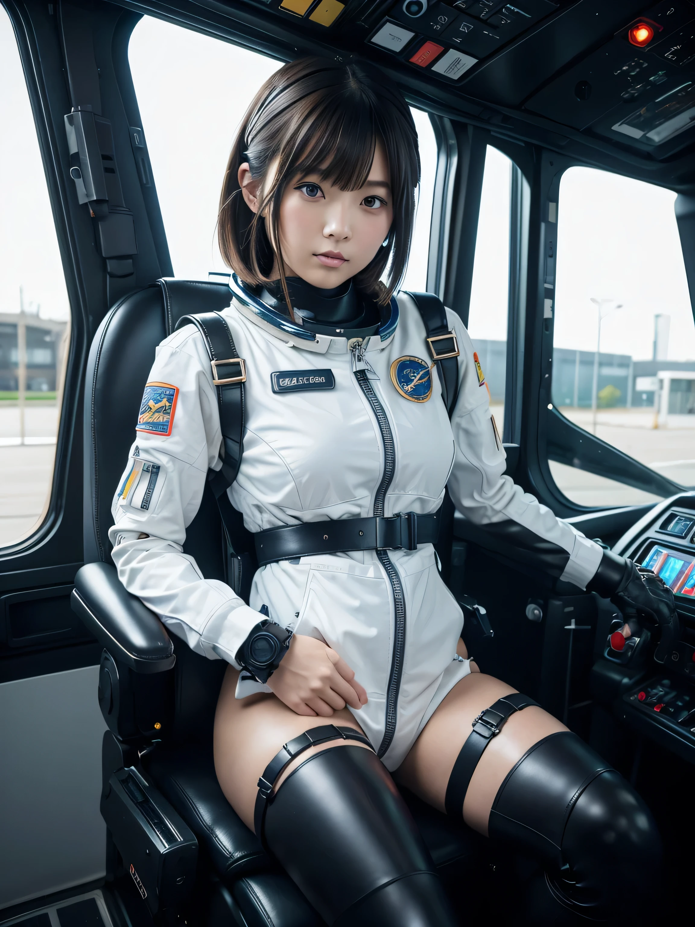 masterpiece, Highest quality, Very detailed, Japanese Android girl, Beautiful Japanese Women, Plump,Control panel,Android,cyborg,Blunt bangs,sitting in the cockpit of a spaceship,astronaut,He is attached to the back of a chair by a leather harness.,Both hands are strapped to the chair arms with leather straps,Both feet are strapped to the legs of a chair with leather straps,