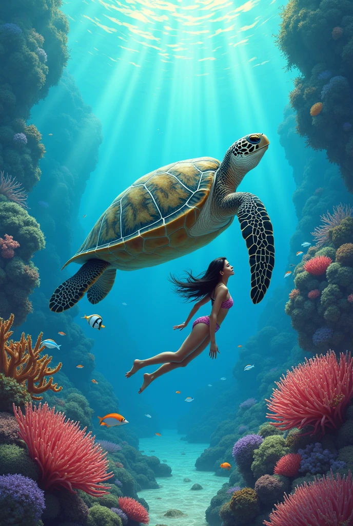 Create an illustration of a sea turtle on a reef with a woman swimming next to it.
