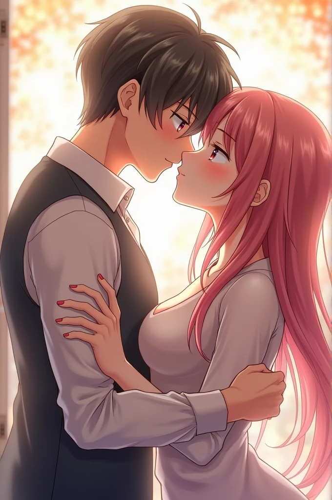 Anime boy kissing an anime girl and fondling her breasts